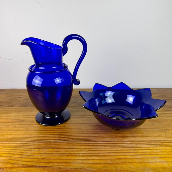 Vintage Cobalt Blue Glass Pitcher & Ruffled Bowl Set | Hand Blown Art Glass - Picture 14 of 16